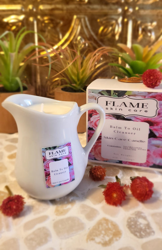 Flame Skin Care Balm to Oil Cleanser 4 Ounce candle liquifies into an oil cleanser that dissolves dirt, removes impurities, detoxifies the skin and exfoliates the skin with AHA fruit acids