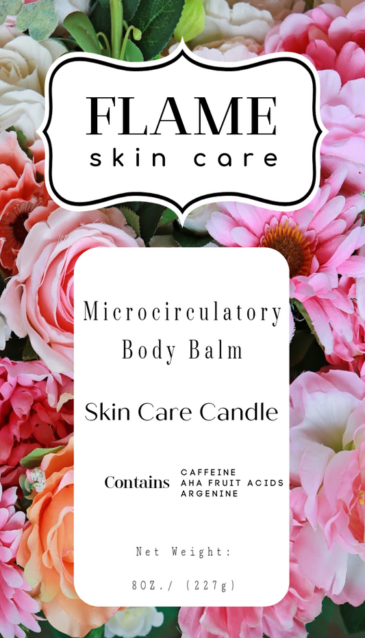 Flame Skin Care Microcirculatory Body Balm 8 Ounce candle melts to reveal a body serum that moisturizes, exfoliates with AHA fruit acids, stimulates skin with caffeine & arginine and uses light reflectors to give a subtle glow all over the body